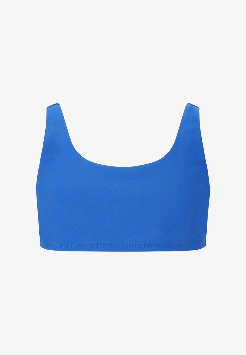 Bralette bleu, sans couture, avec un décolleté carré et des bretelles larges. Fabriqué en tissu lisse et extensible sans ornements visibles.