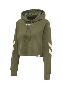 Olivgrüner cropped Hoodie mit Kordeln, gerippten Bündchen, weißen Chevron-Streifen an den Ärmeln und dem "HUMMEL"-Logo auf der Brust.