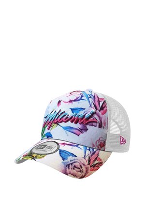 Floral-patterned baseball cap with "Miami" embroidered in pink and blue, featuring a white mesh back and adjustable strap.
