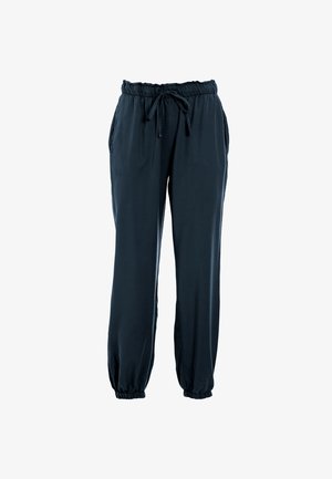 Dunkelblaue Hosen mit elastischem Bund und Kordelzug, Seitentaschen und elastischen Bündchen.
