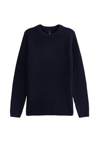 Navyblauw gebreid sweatshirt met een ronde hals, lange mouwen, geribbeld textuur en raglan schoudernaden. Eenvoudig ontwerp zonder patronen of accenten.