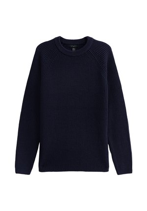 Maglione a maglia blu navy con scollatura a girocollo, maniche lunghe, texture a coste e cuciture a raglan. Design semplice senza motivi o accenti.