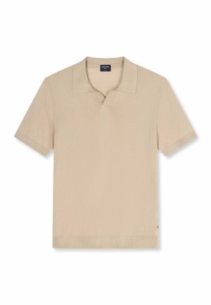 Polo beige à manches courtes avec un col plat et une petite encoche en forme de V au niveau de l'encolure, présenté sur fond blanc.