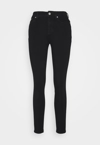 Jeans negros ajustados hechos de una mezcla de algodón, con un diseño clásico de cinco bolsillos, cremallera frontal y cierre de botón metálico.