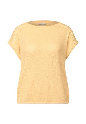 Korte mouwen gele gebreide top met een gestructureerd patroon, ronde halslijn en een iets ontspannen pasvorm. Bevat gestikte accenten op de schouders.