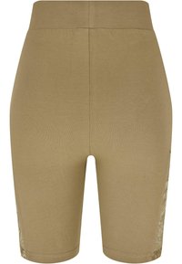 Khaki stretchshorts met een aansluitend ontwerp, gekenmerkt door een gladde, zachte textuur en kantaccenten langs de zijkanten. Middellange broekspijpen tot halverwege de dijen.