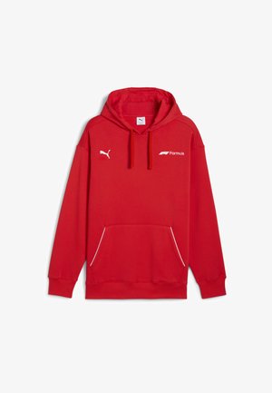 Red hoodie made of soft fabric, featuring a drawstring hood, kangaroo pocket, and white logo accents, including Puma and Formula branding.