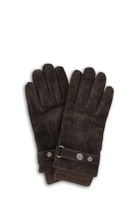 Brązowe zamszowe rękawiczki z dzianinowym mankietem, ozdobione przeszyciami oraz paskiem z guzikiem na nadgarstku.