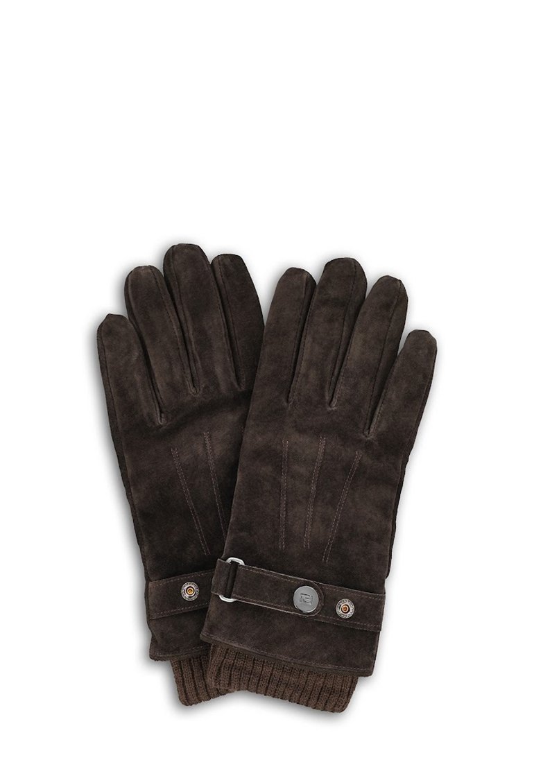 Brązowe zamszowe rękawiczki z dzianinowym mankietem, ozdobione przeszyciami oraz paskiem z guzikiem na nadgarstku.