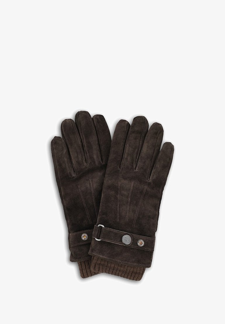 Brązowe zamszowe rękawiczki z dzianinowym mankietem, ozdobione przeszyciami oraz paskiem z guzikiem na nadgarstku.