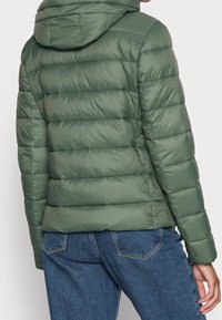 Giacca verde imbottita con cappuccio, caratterizzata da cuciture verticali, una texture liscia e maniche lunghe. Indossata sopra jeans in denim.