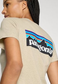 Pessoa com cabelo trançado a usar uma t-shirt bege com o logótipo colorido da Patagonia e uma silhueta de montanha nas costas.