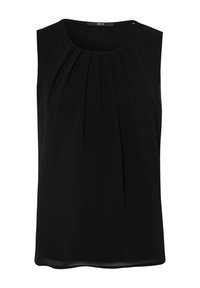 Sort ærmeløs bluse lavet af glat stof, med diskrete frontplisseringer og rund halsudskæring. Enkel og elegant design.