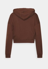 Hnědá zkrácená mikina s kapucí na šňůrku, dlouhými rukávy a žebrovanými manžetami. Hladká textura a jednoduchý design bez vzorů nebo kovových doplňků.