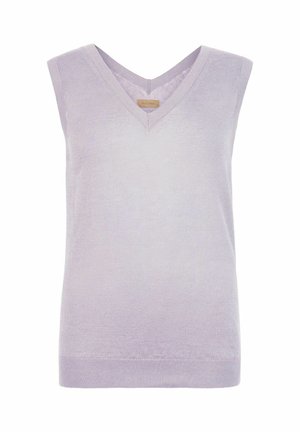 Bezrękawnik z lekkiego, jasnofioletowego dzianego materiału z dekoltem w serek oraz prążkowanym zakończeniem i otworami na ramiona.