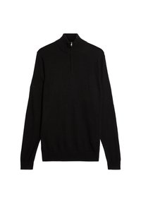 Maglione zip-up nero con maniche lunghe, realizzato in un materiale liscio, dotato di un colletto alto e polsini e orlo a coste.