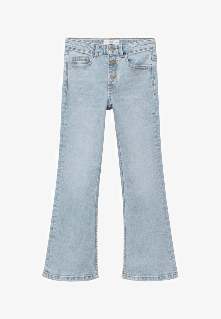 Vaaleansiniset farkut, joissa on leveät lahkeet ja korkea vyötärö. Farkuissa on kolme hopeista nappia ja perinteinen viiden taskun muotoilu.