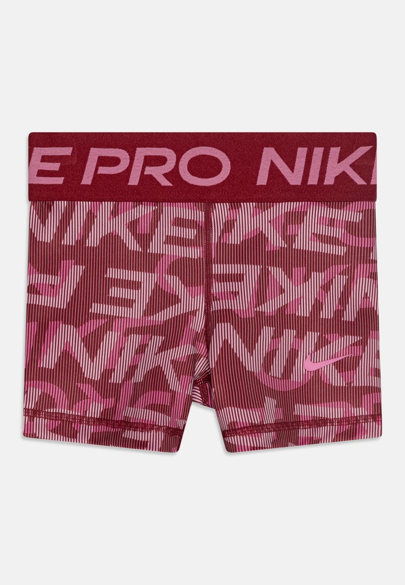 Szorty w kolorze burgundowym i różowym w wzory o dopasowanym kroju. Wyposażone w logo "Nike Pro" na szerokim pasku oraz teksturę w pionowe paski.