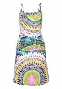Abito senza maniche colorato con motivi geometrici circolari in rosa, giallo, verde e blu. Realizzato in un tessuto leggero e elasticizzato.