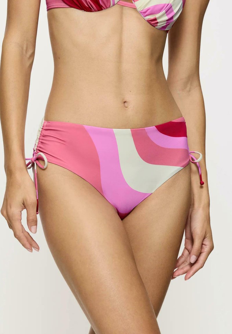 Majtki bikini z falistym wzorem w kolorze różowym, czerwonym i kremowym. Posiadają regulowane sznureczki po bokach i gładką teksturę. Zaprojektowane dla dopasowanego kroju.