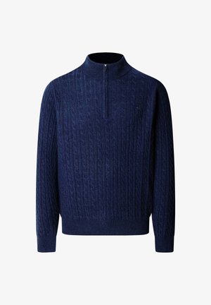 Dunkelblauer Strickpullover mit hohem Kragen und Viertel-Reißverschluss. Verfügt über ein strukturiertes Zopfmuster und gerippte Bündchen und Saum.