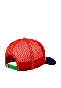 Red mesh cap with a navy blue visor. Features a plastic adjustable strap with a green accent. Lightweight, breathable design.