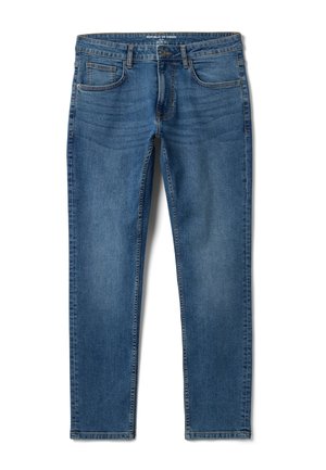 Blaue Slim-Fit Denim-Jeans mit Fronttaschen, Knopf- und Reißverschluss sowie leichter Verfärbung an den Oberschenkeln.
