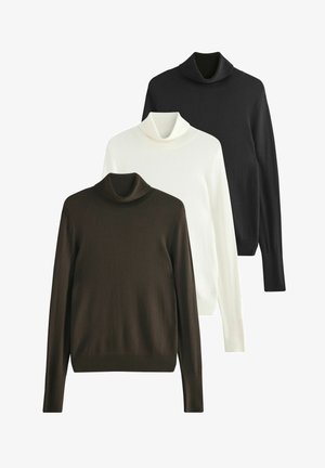 Sæt med tre rullekravesweatre i mørkebrun, hvid og sort. Strikkemateriale med ribbede detaljer ved halsen og manchetterne. Simpelt design.