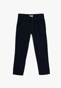 Marineblauwe chinos van een katoenmix, met een rechte voorkant, twee zijzakken en een tailleband met riemlussen.
