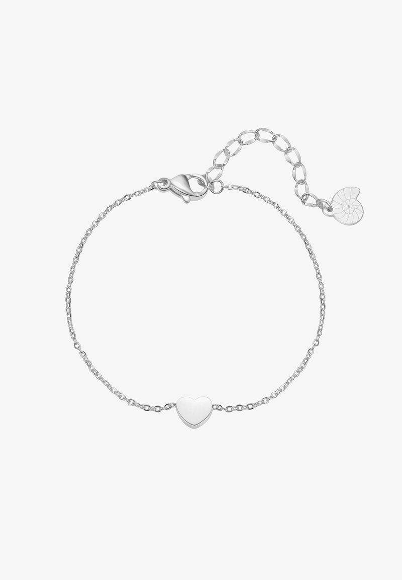 Silver chain bracelet with a heart pendant, featuring a lobster clasp and adjustable length with a decorative charm at the end.