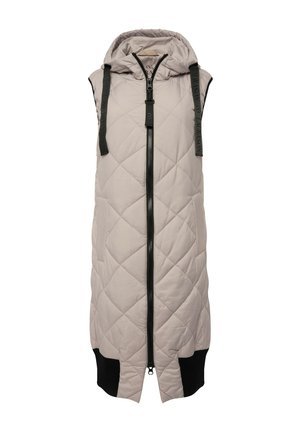 Quilted ærmeløs vest i lys grå med hætte, sort lynlåslukning, sidelommer og sort ribstrik detalje ved kanten.