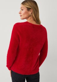 Rode, pluizige trui met een ronde hals, lange mouwen en een zachte textuur. De achterkant is glad afgewerkt zonder patronen of versieringen.