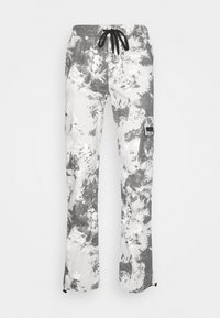 Batiktarnmuster Cargo-Hosen mit elastischem Bund, schwarzem Kordelzug, Klappentaschen an den Seiten und verstellbaren Schnüren an den Knöcheln.