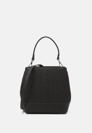 Black handbag with woven fabric and a solid black base. Features a short handle and a detachable shoulder strap, stylish hardware accents.