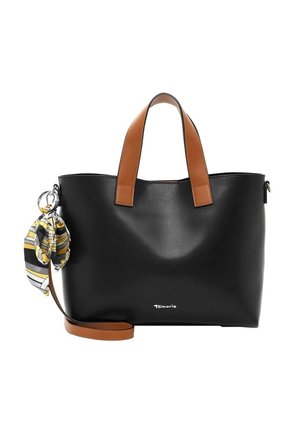 Black faux leather tote bag with tan leather handles. Features a removable striped fabric scarf accent and a zippered side pocket.