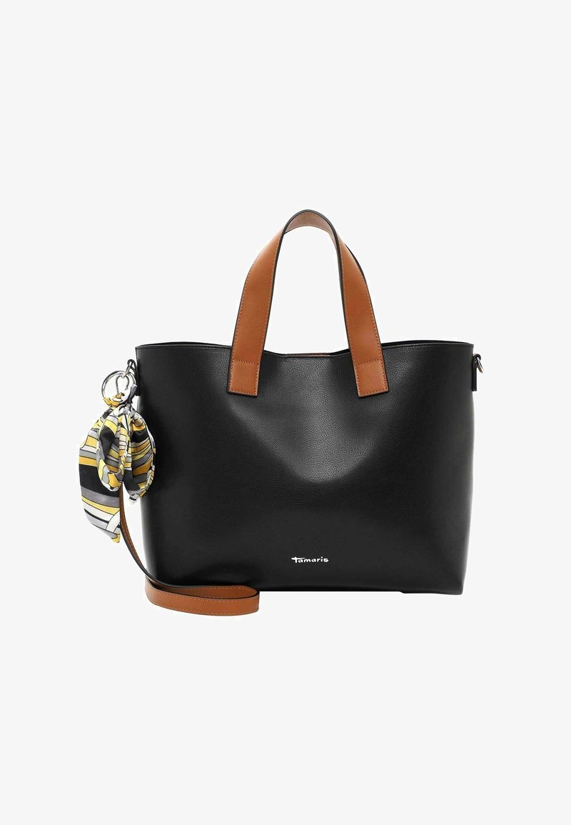 Czarna torba tote z materiału sztucznej skóry, z rączkami z brązowej skóry. Posiada odpinany akcent w postaci paskowanej chusty z tkaniny oraz zapinaną na zamek kieszeń boczną.