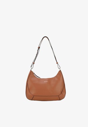 Sac à épaule en cuir marron avec une forme arrondie, doté d'une seule sangle ajustable et de détails de couture subtils. Logo sur le devant.