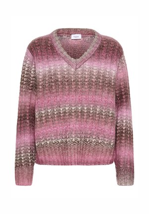 Pulover z V-izrezom v gradientu roza, rjave in smetane. Groba pletenina z rebrastimi manšetami in robom, s sproščenim krojem.
