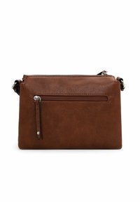 Brown leather crossbody bag with a textured surface, zip closure, and a front zip pocket. Features adjustable shoulder strap and metal accents.