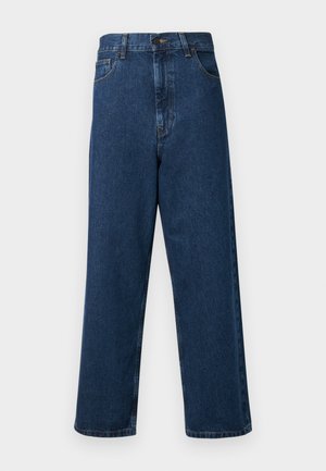 Jeans in denim blu a vita alta con un design a gamba larga, dotati di cinque tasche, chiusura frontale con bottone e cuciture decorative lungo le cuciture.