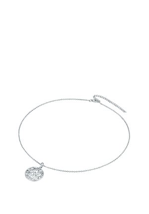 Silver chain necklace with a circular pendant. Pendant features an intricate floral pattern. Adjustable clasp for customizable fit.