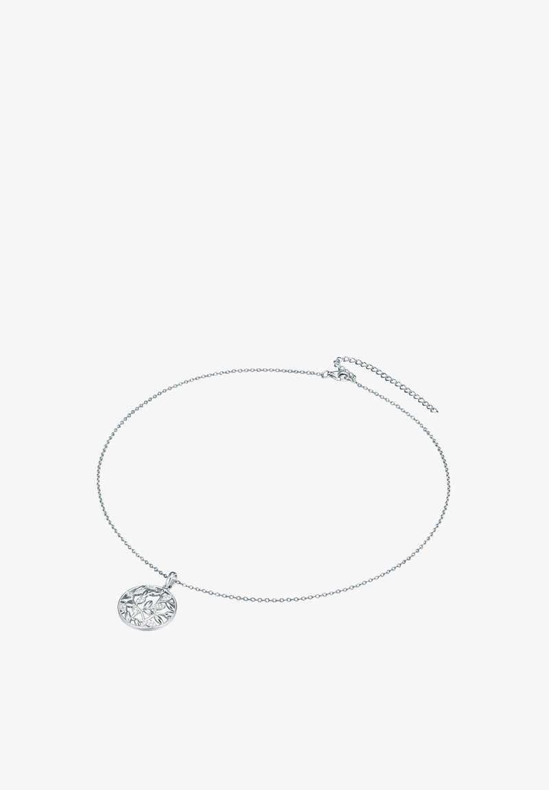 Silverfärgad kedja med en cirkulär hänge. Hänget har ett intrikat blommönster. Justerbart lås för anpassad passform.