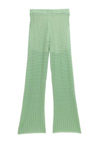 Gebreide flared broek in lichtgroen met een gestructureerd patroon; hoge tailleband; losse pasvorm; heeft een geleidelijke kleurverloop van licht naar donkerder groen.