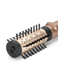 Brosse à cheveux ronde avec un barillet doré texturé, des poils noirs et des trous de ventilation. Dispose d'une poignée noire avec des boutons de contrôle.