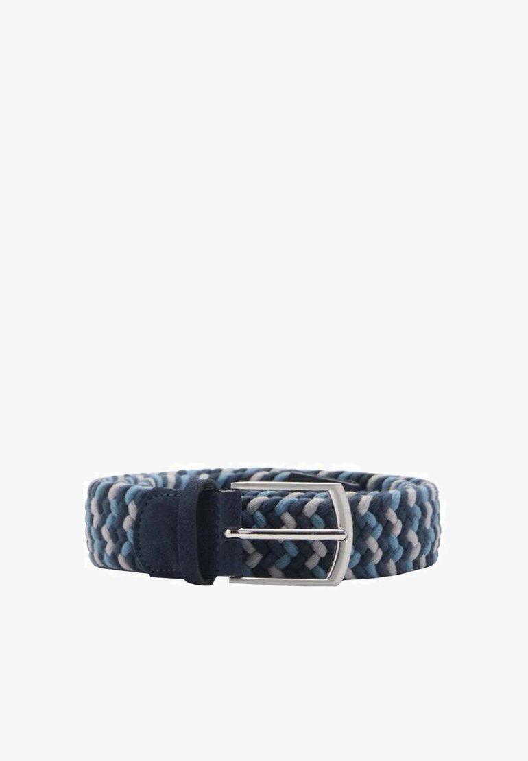 Woven elastic belt in shades of blue with light gray accents; features a silver metal buckle and a soft suede loop attachment.