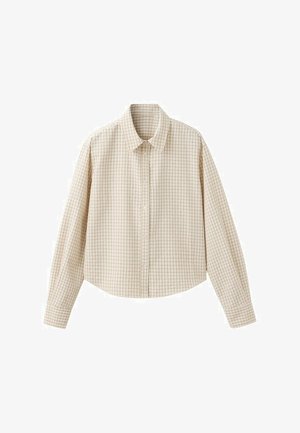 Bež dolgo rokavna srajca na gumbe z majhnim karo vzorcem in klasičnim ovratnikom.
