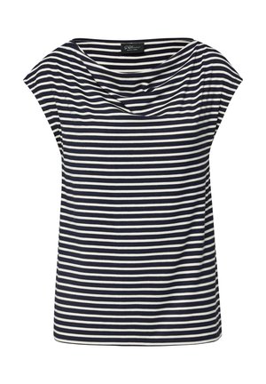 Bluzka w poziome paski w kolorze granatowym i białym, z krótkim rękawem i drapowanym dekoltem, wykonana z lekkiego materiału.