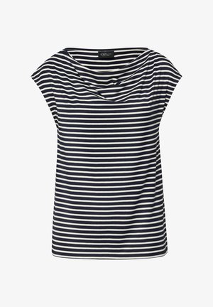 Marineblauwe en witte blouse met korte mouwen en horizontale strepen, voorzien van een gedrapeerde halslijn, gemaakt van lichtgewicht stof.