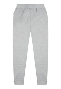 Graue Sweatpants aus weichem Material, mit einem elastischen Bund und schmal zulaufendem Bein. Glatter Stoff ohne sichtbare Muster oder Akzente.