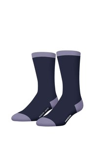 Chaussettes navy avec des accents lavande sur le bord et le orteil. Texture douce et longueur mi-mollet. Logo imprimé sur le côté.